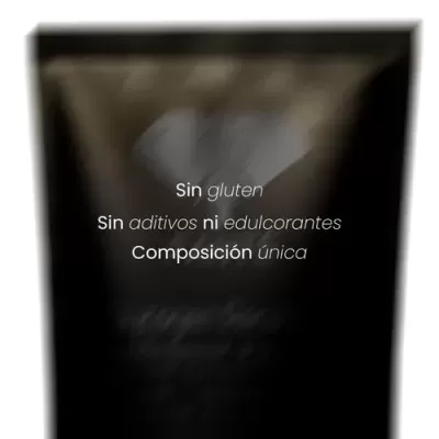 Pacote preto com texto branco em espanhol sobre composição e ingredientes