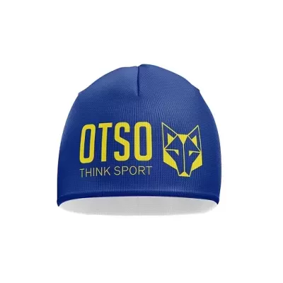 Gorro azul com texto e logotipo amarelo OTSO THINK SPORT
