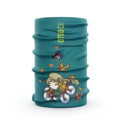 Tecido tubular multifunções verde azulado com ilustração de urso a andar de bicicleta e texto OTSO