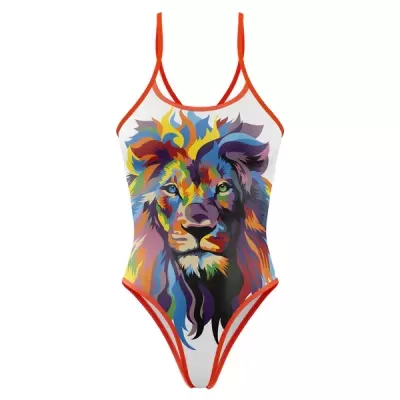 Fato de banho branco com estampa colorida de leão e bordas laranja