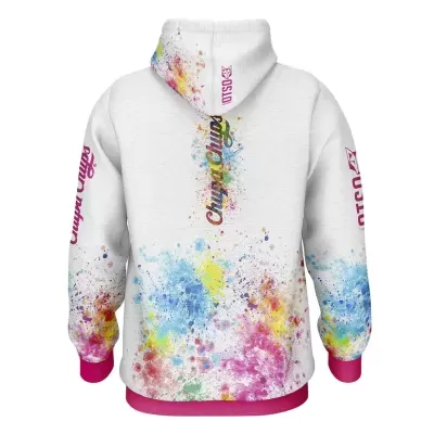 Sweatshirt branca com capuz colorida com texto Oslo e Canyon City
