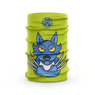 tecido amarelo com estampa de lobo azul estilizado e logótipo MARLIN