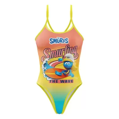Fato de banho colorido com personagem dos Smurfs e texto