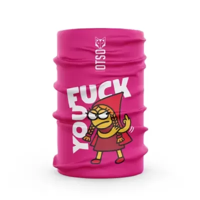 Tube cor-de-rosa com texto e desenho de personagem amarelo com capuz vermelho
