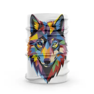 Cachecol tubular branco com estampa colorida de lobo estilizado