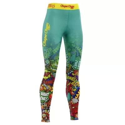 Leggings verdes com padrão de banda desenhada colorido e cintura amarela com texto Chupa Chups