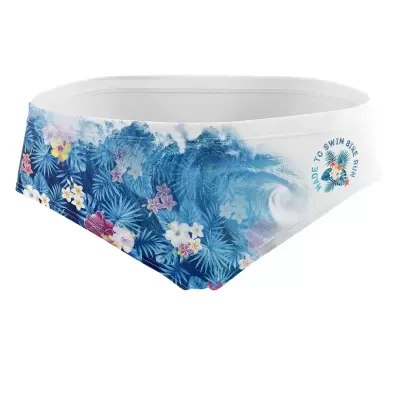 Cuecas de banho masculinas azuis com padrão floral e elástico branco