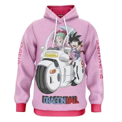 Sweatshirt rosa com ilustração de personagens Dragon Ball e texto nas mangas