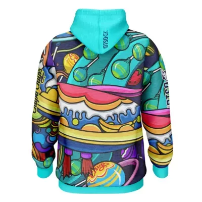 Sweatshirt colorida com capuz e padrões gráficos vibrantes