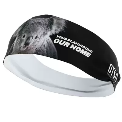 Faixa de cabeça preta com coala e texto Your Playground Our Home