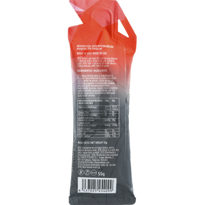 Embalagem preta e vermelha de gel energético com texto e código de barras