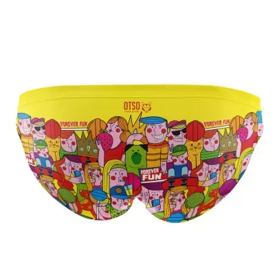 Cuecas amarelas com padrão colorido e texto Forever Fun