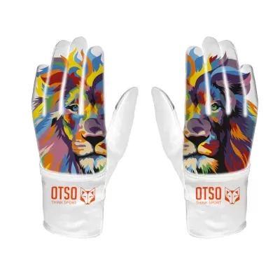Luvas desportivas brancas com rosto de leão colorido e logótipo OTSO