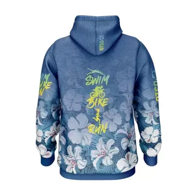 Sweatshirt com capuz azul com estampa floral branca e texto SWIM BIKE RUN amarelo e verde