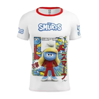 T-shirt branca com estampagem da personagem Smurfette dos Smurfs em estilo banda desenhada