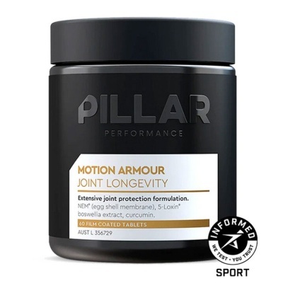 Frasco preto com suplemento Pillar Motion Armour Joint Longevity e selo Informed Sport