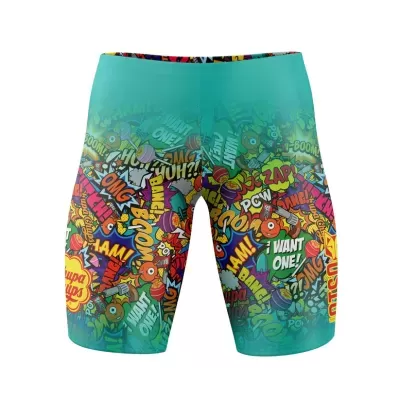 Calções de banho coloridos com padrão de banda desenhada e fundo turquesa