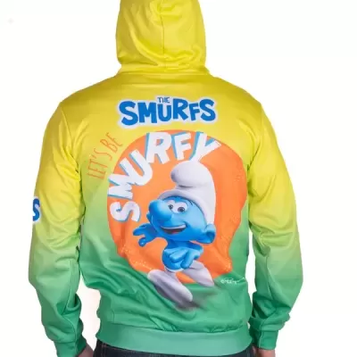 Casaco com capuz amarelo e verde com personagem Smurf e texto THE SMURFS.