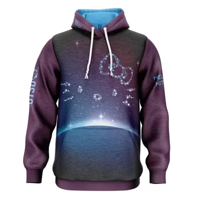 Sweatshirt com capuz roxo e azul com padrão espaço e texto HELLO KITTY