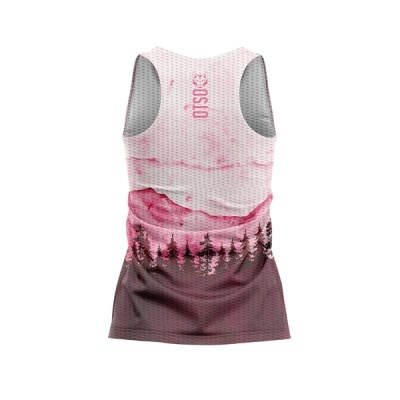 Top desportivo feminino com padrão de montanhas e árvores em rosa e castanho