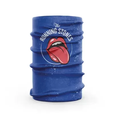 Tubo multifuncional azul com estampa de boca vermelha e texto 'The RUNNING STONES'