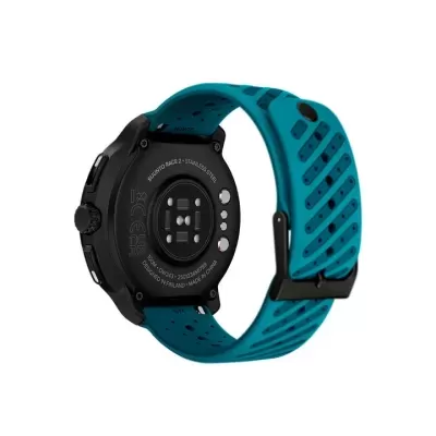 Relógio Suunto Race 2 com bracelete azul e caixa preta mostrado pela parte traseira
