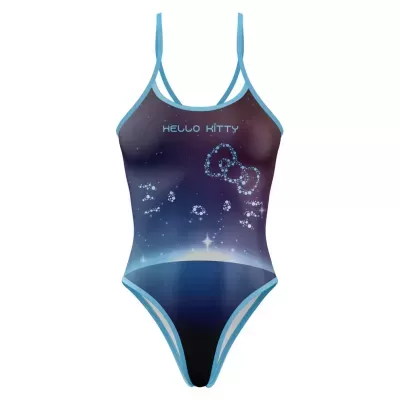 Maiô azul com tema Hello Kitty e padrão de estrelas