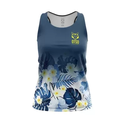 Camisola sem mangas azul com padrão floral e logótipo OTSO