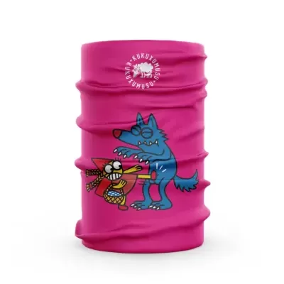 Lenço tubular rosa com desenho de lobo azul e esquilo e texto KUKUXUMUSU