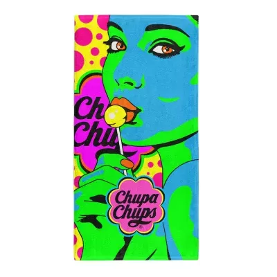 Toalha com design pop art de mulher verde a chupar pirulito Chupa Chups