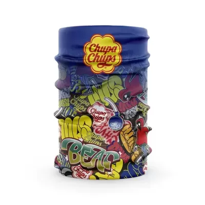 faixa tubular azul com padrões gráficos coloridos e logótipo Chupa Chups