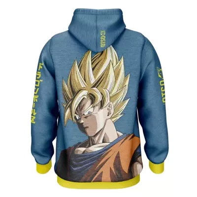 Casaco com capuz azul e amarelo com estampa de personagem loiro e texto em japonês.