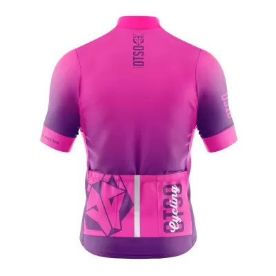 Camisola de ciclismo rosa e roxa com estampados geométricos e texto OSIO Cycling