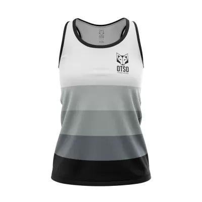 Camisola sem mangas desportiva com faixas horizontais em branco, cinza e preto e logótipo OTSO