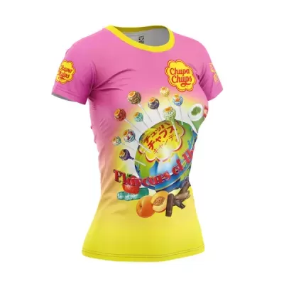 T-shirt rosa e amarela com estampado Chupa Chups e frutas