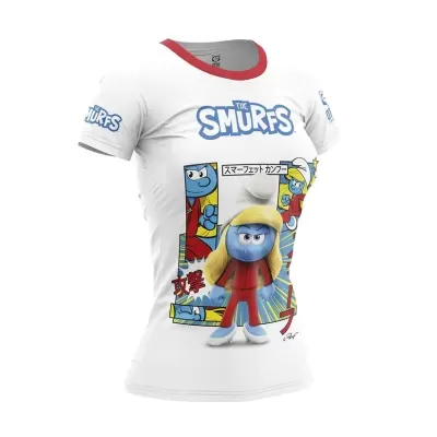 T-shirt branca com estampa dos Smurfs e gola vermelha