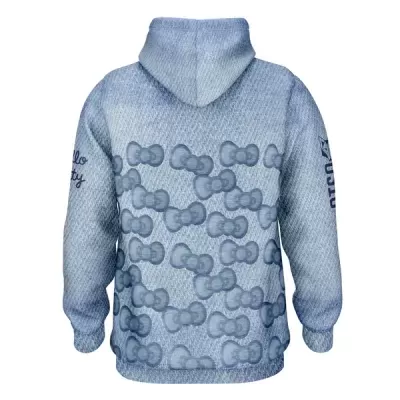 Casaco com capuz azul claro padrão laços cinza texto hello kitty e DECAY