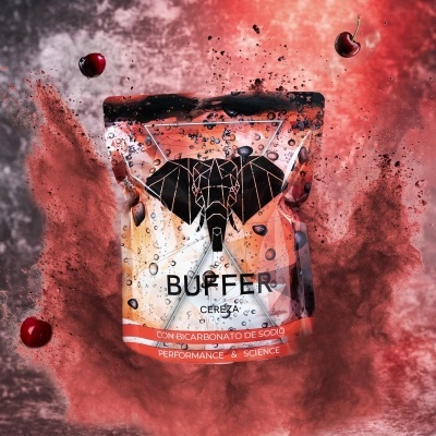 Embalagem de suplemento BUFFER CERBERO com design de elefante e detalhes vermelhos