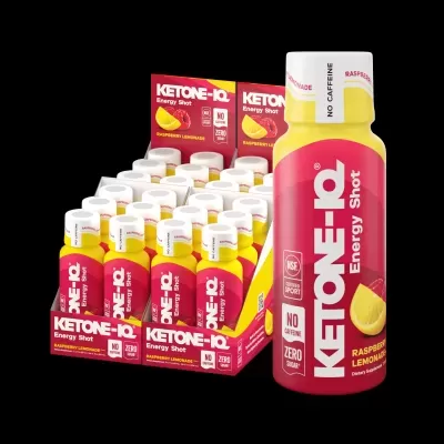 Frasco de KETONE-iQ Energy Shot Framboesa Limão com expositor