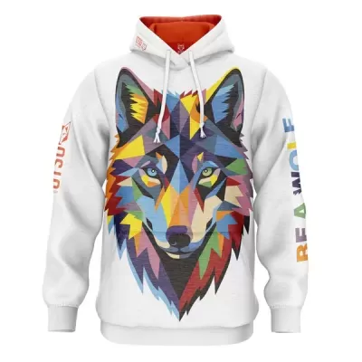 Sweatshirt com capuz branco com estampa colorida de lobo e texto nas mangas