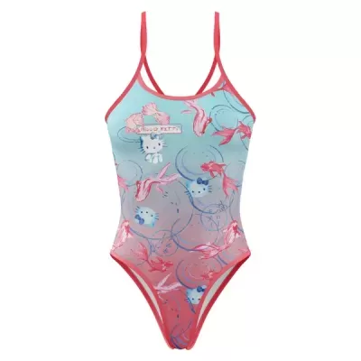 Fato de banho infantil azul e rosa com estampa Hello Kitty e peixes