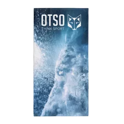 Toalha desportiva azul com padrão semelhante a ondas e logotipo OTSO