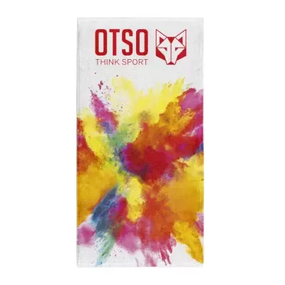 Toalha branca com estampado colorido e texto OTSO THINK SPORT com logótipo de raposa