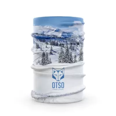 Buff com desenho de montanha nevada e logotipo OTSO THINK SPORT