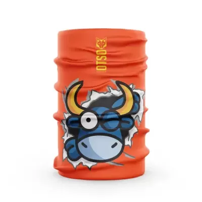 Bandana tubular laranja com boi cartoon azul e amarelo e texto amarelo OTSO