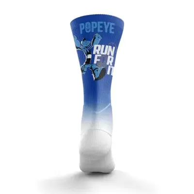 Meia alta azul e branca com estampa de Popeye e texto 'RUN FOR IT'