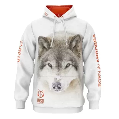 Sweatshirt branca com estampa de lobo e texto BORN IN ANDORRA.