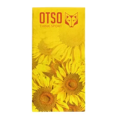Toalha desportiva amarela com estampa de girassóis e texto OTSO THINK SPORT