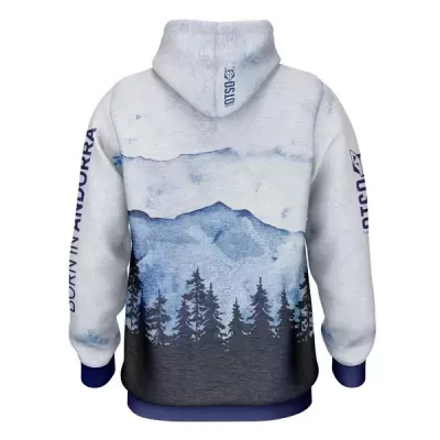 Sweatshirt cinza e azul com capuz e estampa de montanhas e pinheiros
