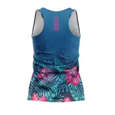 Top desportivo azul com padrão floral e texto 'OSLO' nas costas